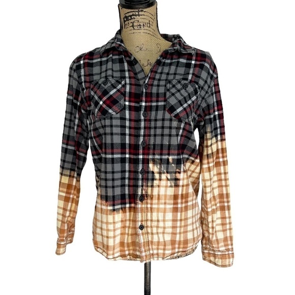 Upcycled Bleach Dip Dye Boho Flannel Top - Picture 1 of 8